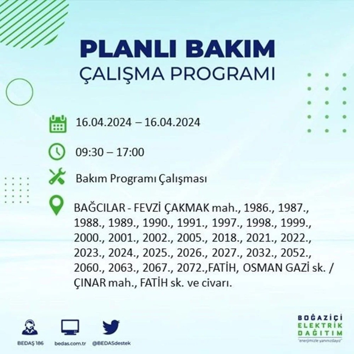 16 Nisan 2024 BEDAŞ Elektirk Kesinti Listesi