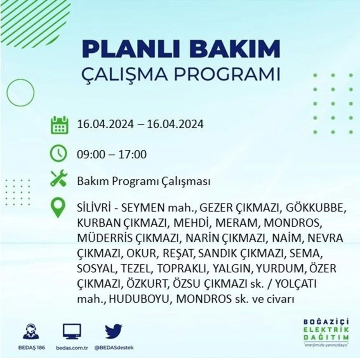 16 Nisan 2024 BEDAŞ Elektirk Kesinti Listesi